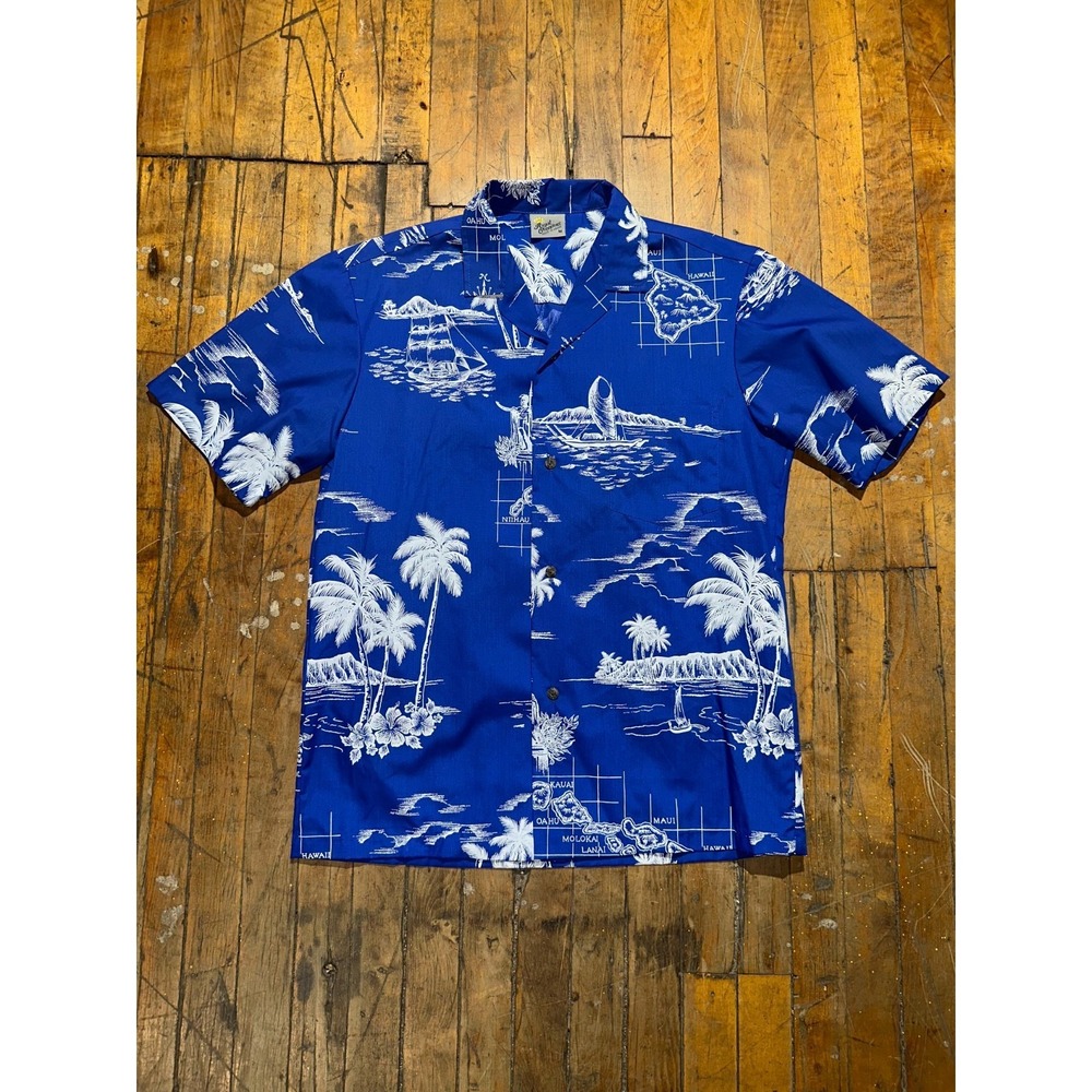 Vintage Royal Creations Hawaiian Shirt Men's M Blue‎ Island Graphic Short Sleeve